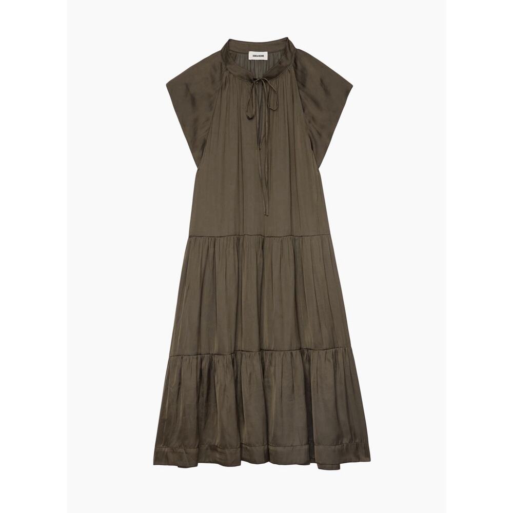 Zadig & Voltaire Olive Green Satin Dress Womens XS Flowy Tiered Mini $358 - Picture 1 of 13